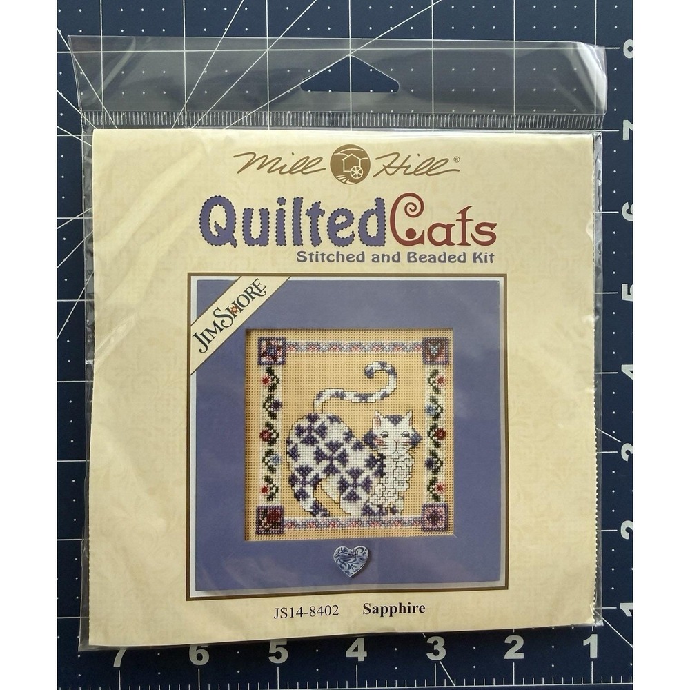 Mill Hill X Jim Shore Quilted Cats Stitched and Beaded Kit ~ Sapphire